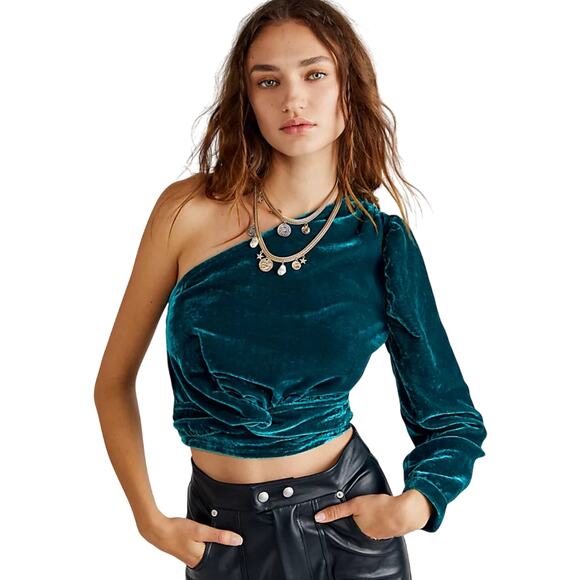 Free People Tops - FREE PEOPLE Women’s Tell Me About It Emerald One Sleeve Velvet top
